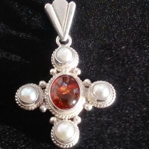 Sterling Silver Amber and Pearl Pendant